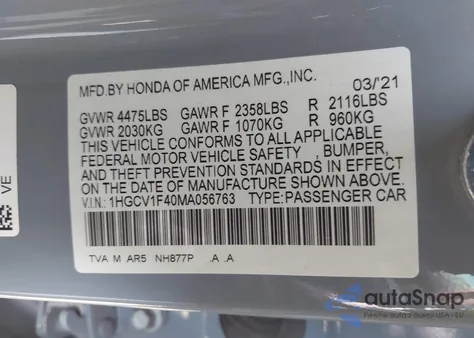 2021 Honda Accord Sport Special Edition z USA, uszkodzony, nr VIN 1HGCV1F40MA056763